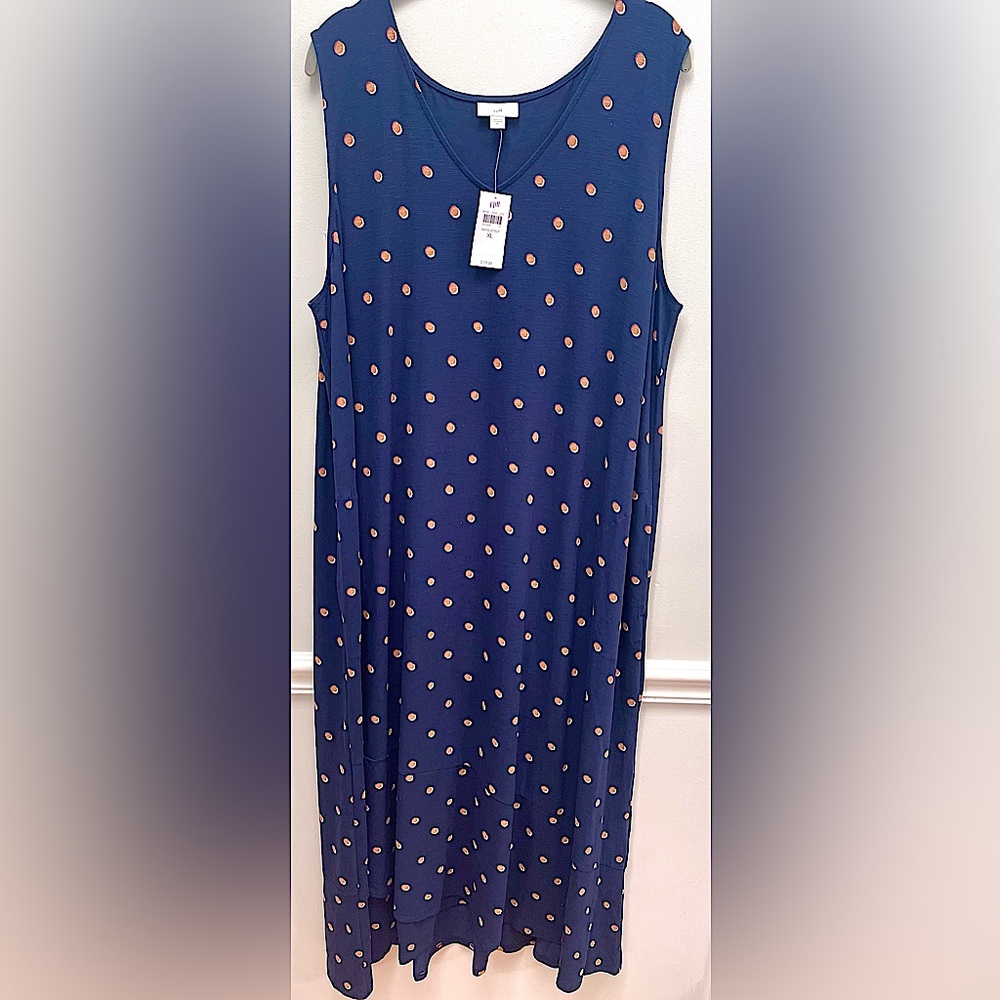 J.Jill Flounced-Hem Midi Dress, Navy with dot design, NEW W TAGS!